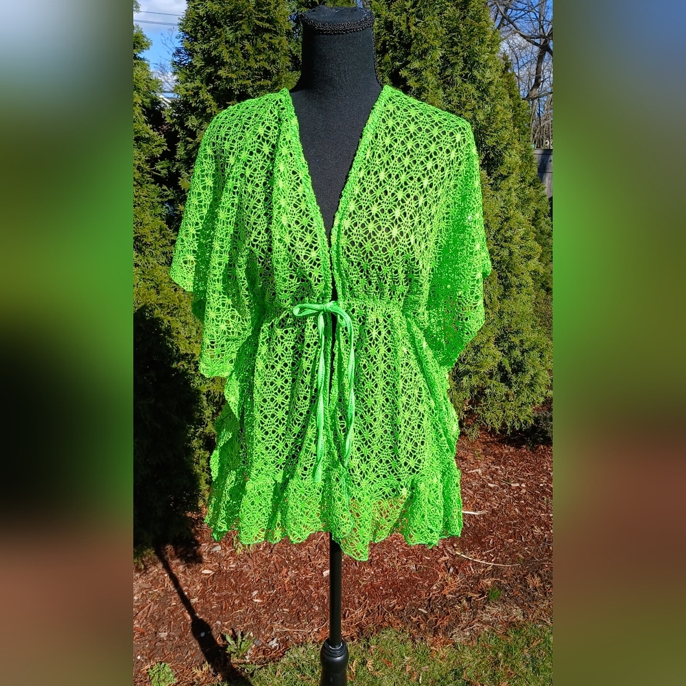 Amazing Neon Green Crochet Lace Tie-Front Cover-Up